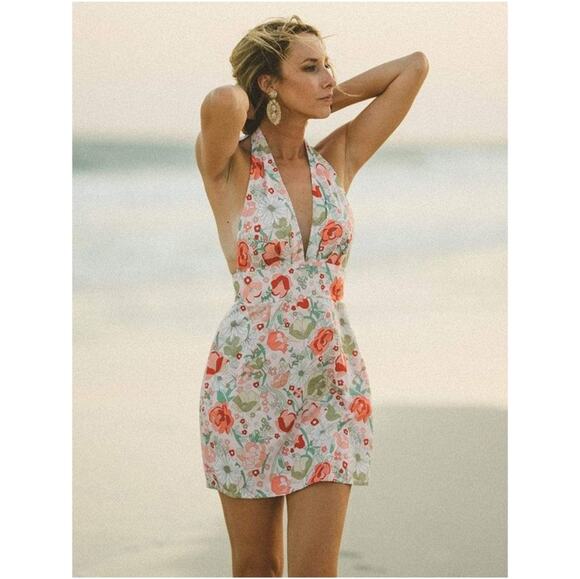 Clad & Cloth Dresses & Skirts - Clad & Cloth The Daisy Pink Floral Halter Open Back Retro Mini Dress Large NEW